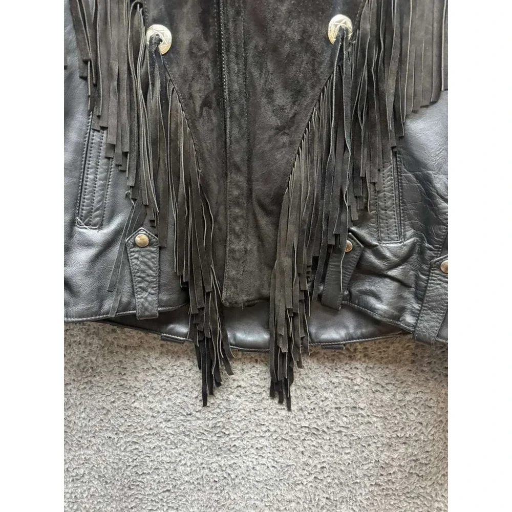 Vintage Suede Leather Fringe Collared‎ Full Zip Biker Jacket Black Mens Size 42